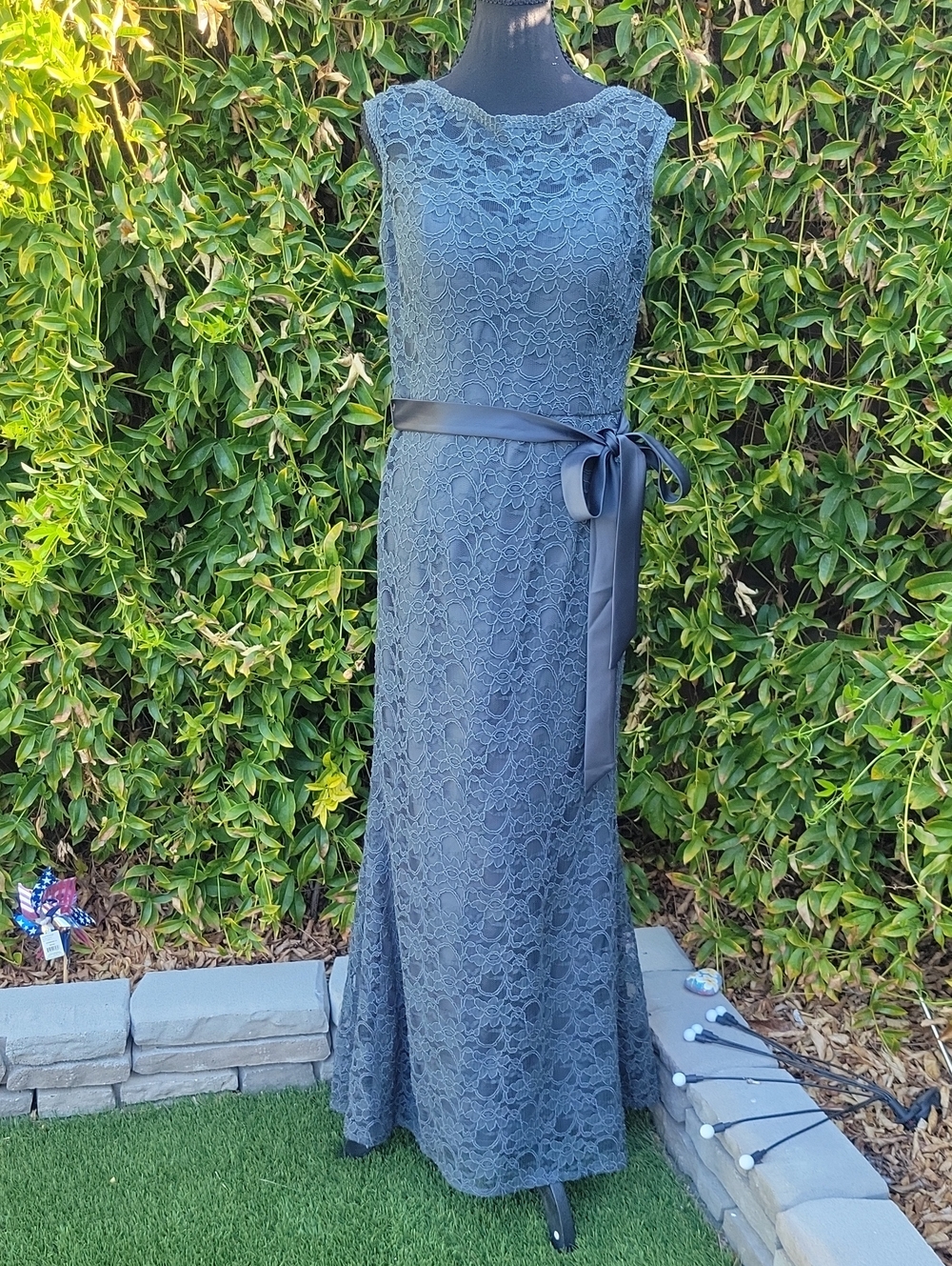 MoriLee Charcoal Lace Maxi Dress with Satin Waist Sash Sz 14